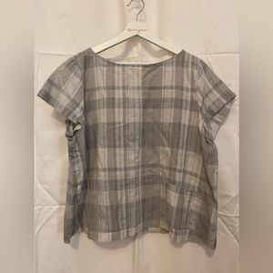 Eileen Fisher Sz XL Silver Gray Ivory Madras Plain Cap Sleeve Boxy Linen Top